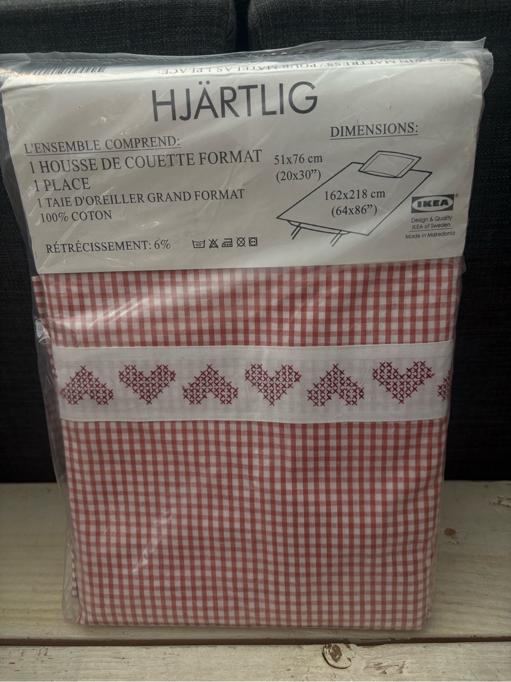 NWT IKEA Hjärtlig 1 Twin Quilt Cover 1 Pillowcase Set Red Gingham Plaid Hearts - Picture 7 of 9